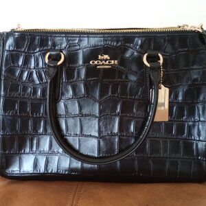 Coach Black Crocodile Embossed Leather Surrey Carryall Satchel Crossbody Handbag